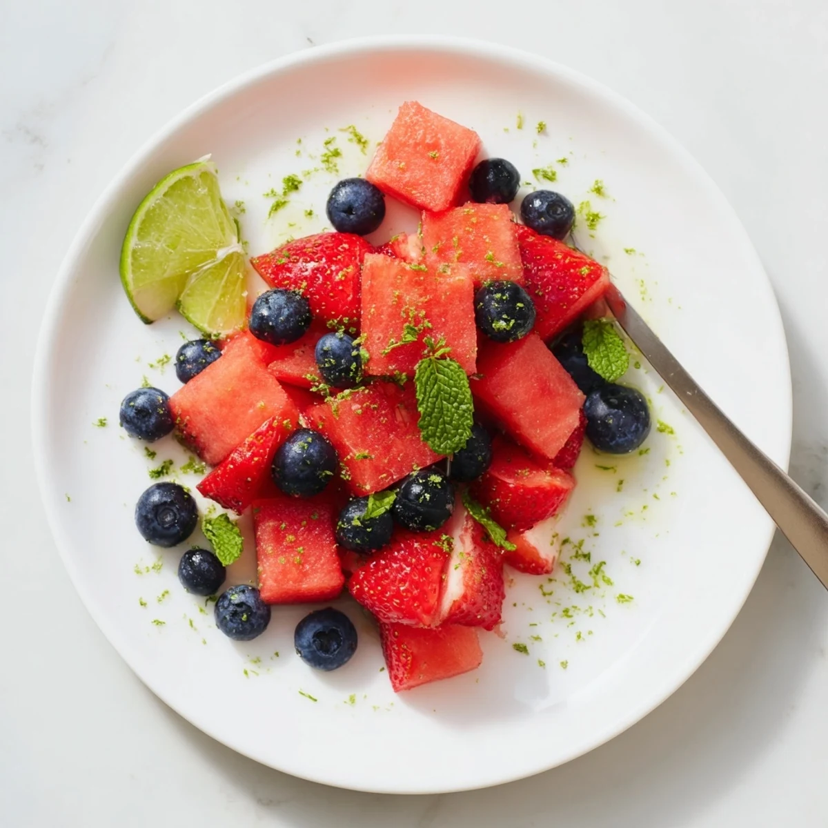 Fresh watermelon fruit salad bowl with strawberries, blueberries, and mint garnish on white table