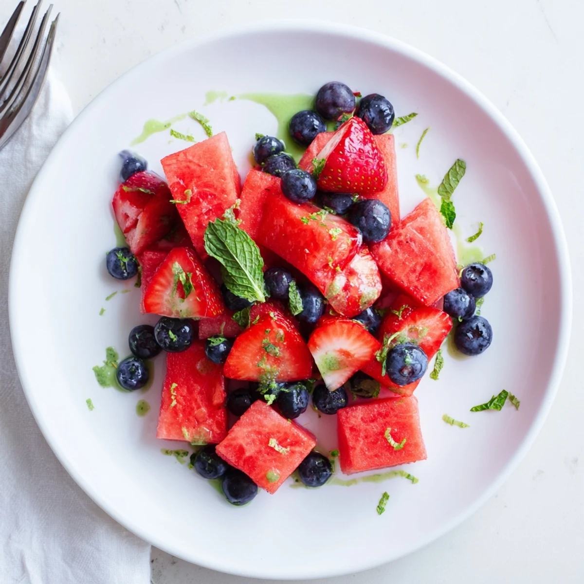 Refreshingly sweet watermelon fruit salad with fresh mint topping, ready for outdoor summer entertaining