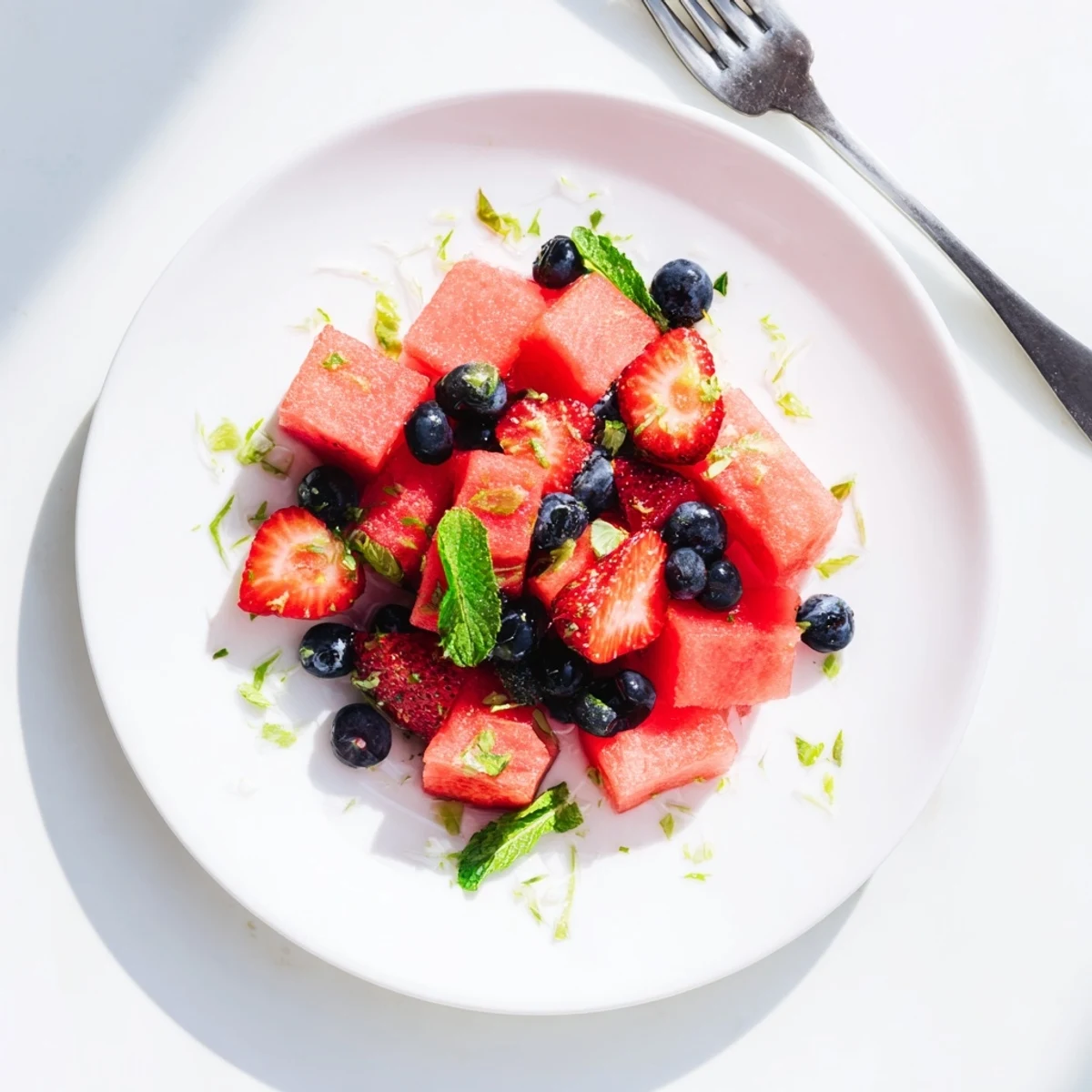 Summer watermelon recipe featuring citrus lime dressing and mixed berries in a glass serving dish