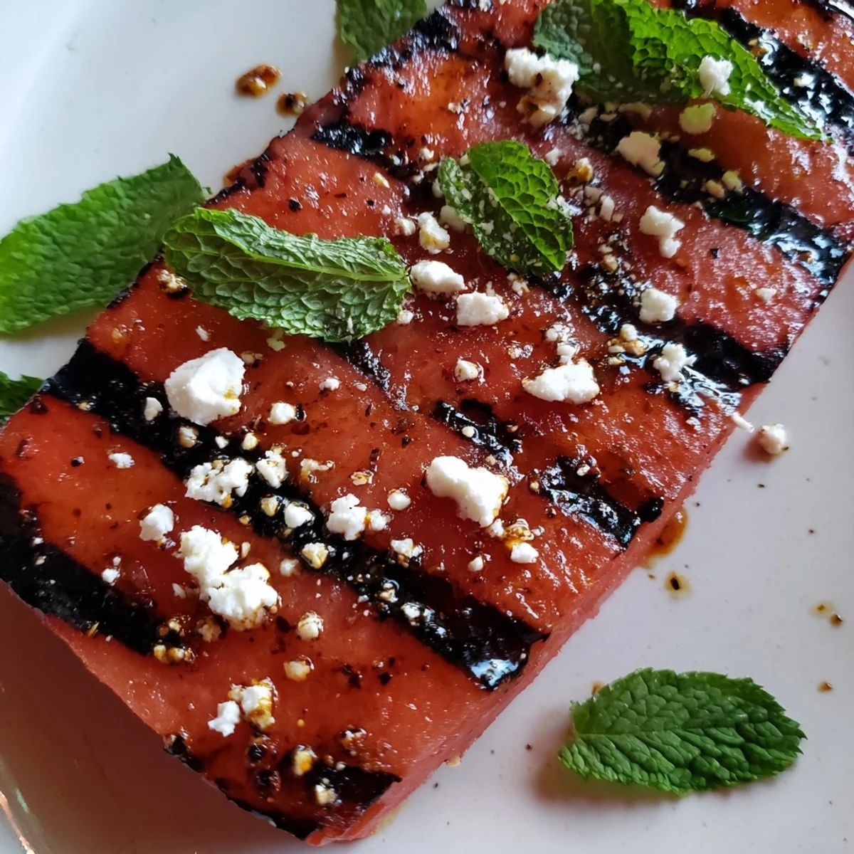 Thick grilled watermelon steak with charred grill marks and fresh mint garnish on a white plate