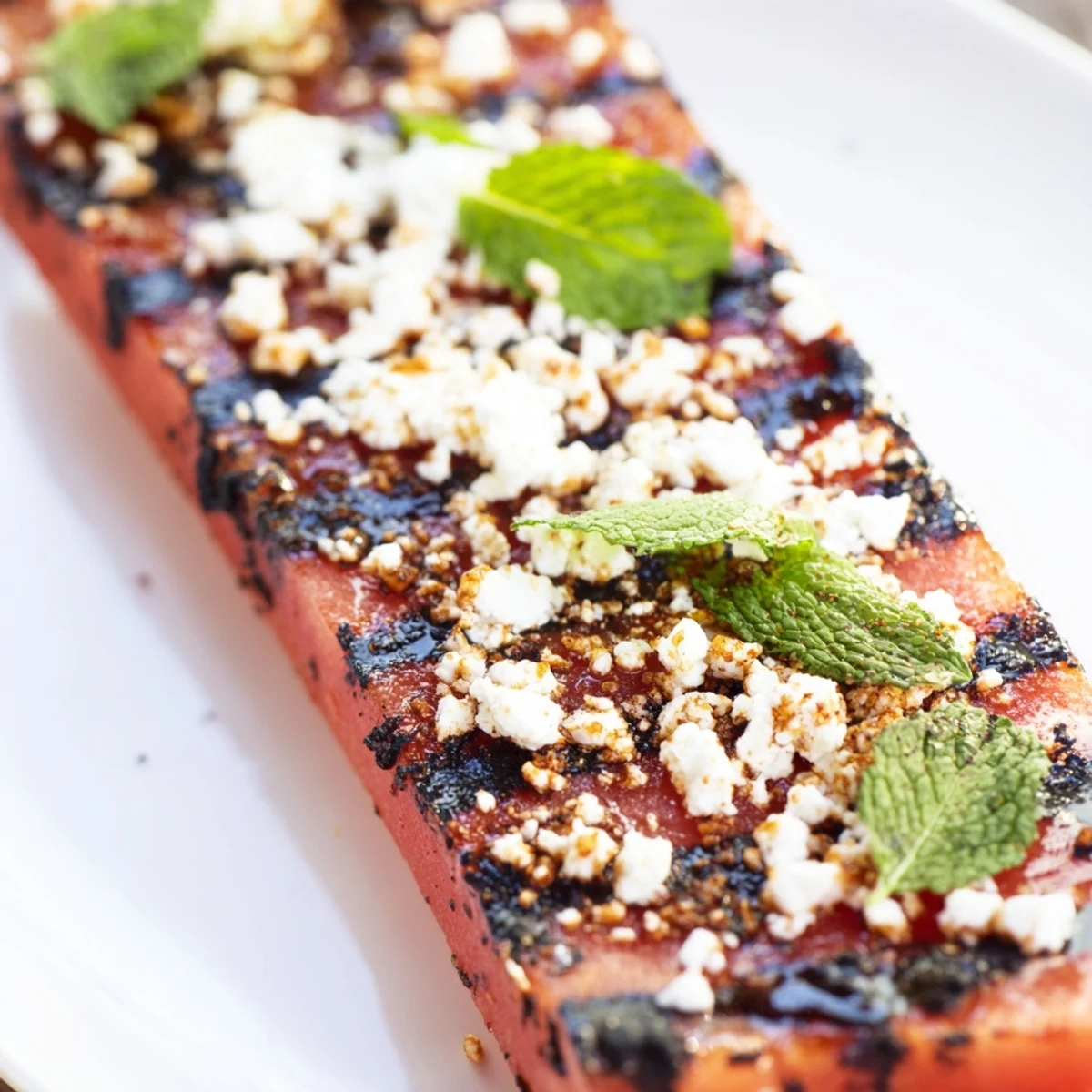 Juicy grilled watermelon steak with balsamic glaze, flaky sea salt, and vibrant green mint accents