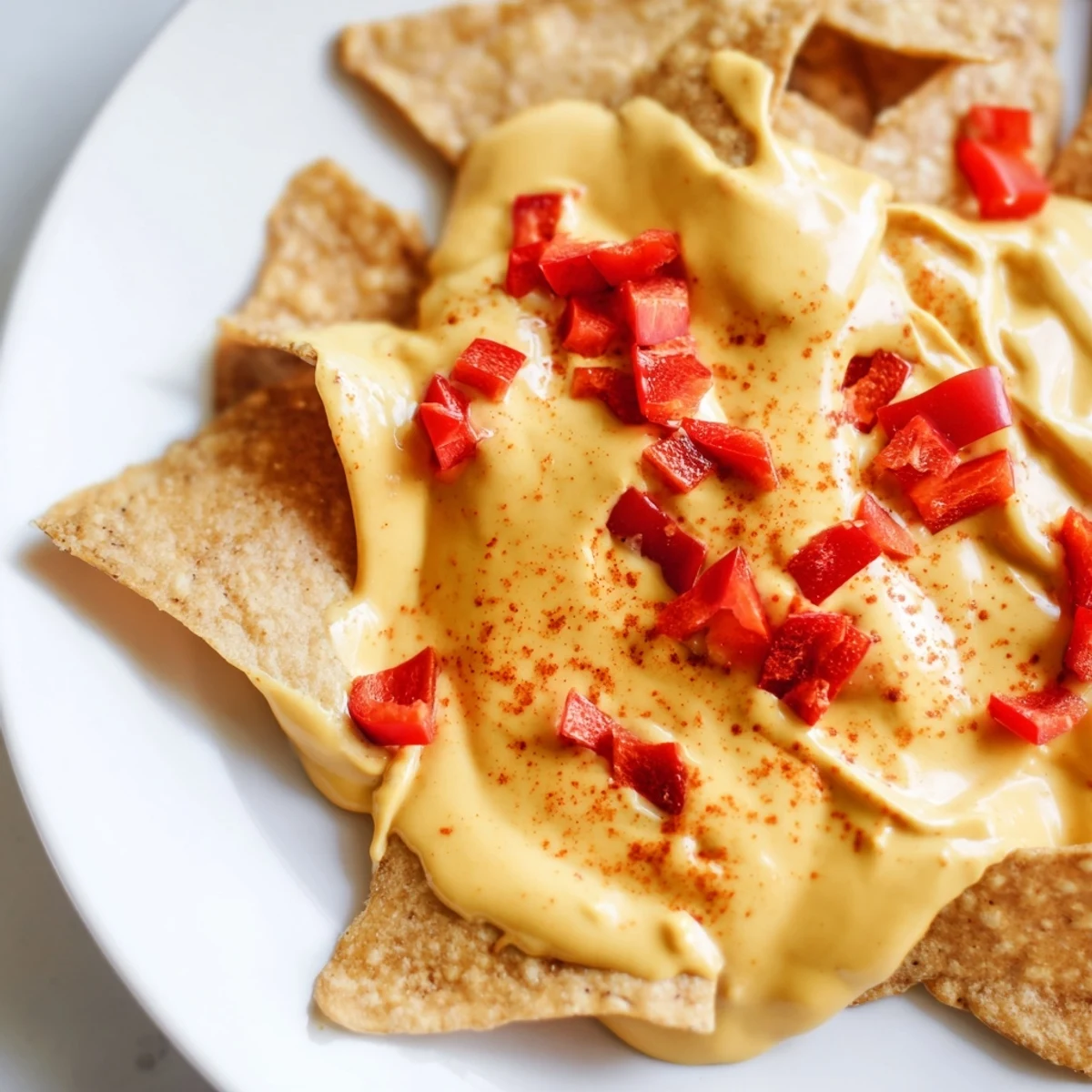 Creamy vegan Nacho Cashew Cheese Sauce drizzled generously over crispy tortilla chips with fresh jalapeños
