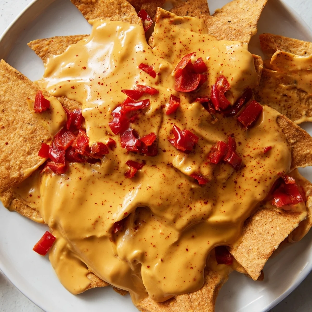 Golden orange Nacho Cashew Cheese Sauce served warm in a rustic bowl surrounded by colorful vegetable crudités