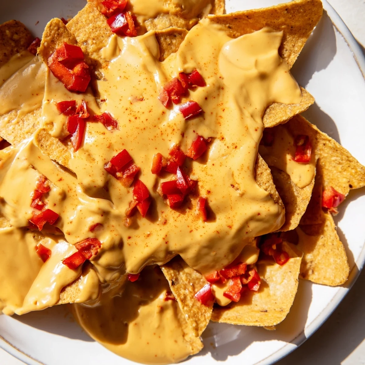 Rich and spicy Nacho Cashew Cheese sauce poured steaming from a glass measuring cup onto loaded nachos