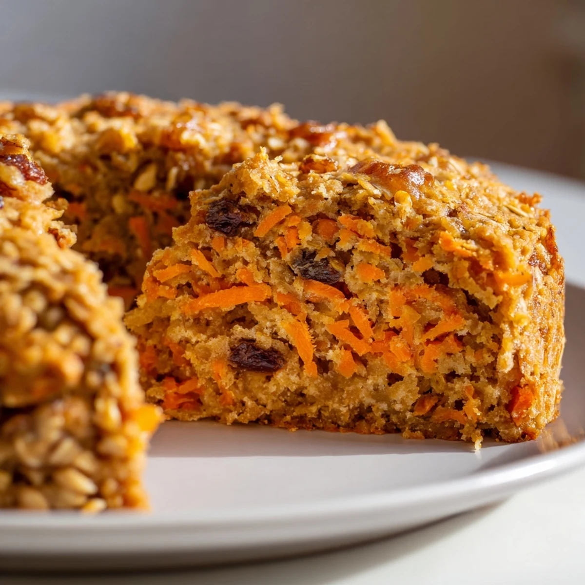 Moist gluten-free carrot cake slice made with hearty oats and sweet grated carrots