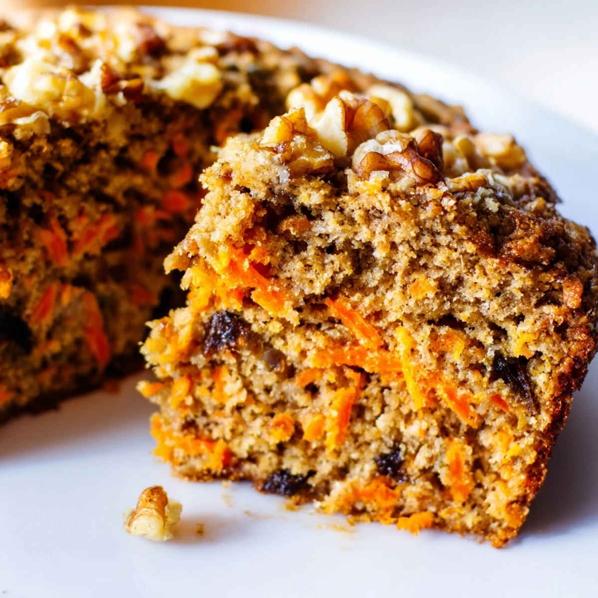 Golden flourless oatmeal carrot cake topped with cream cheese frosting and chopped walnuts