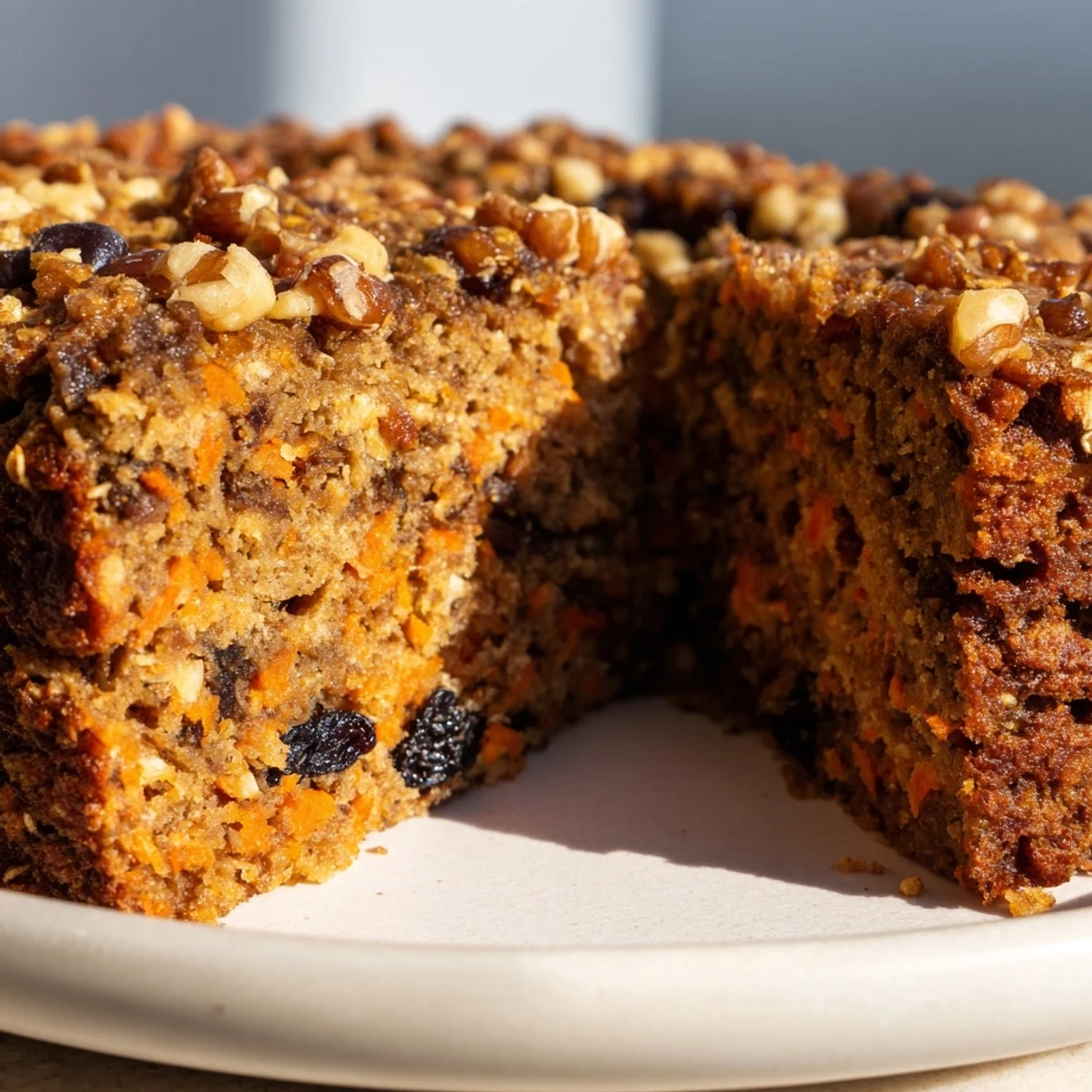 Wholesome flourless oatmeal carrot cake sprinkled with cinnamon and served on a white plate