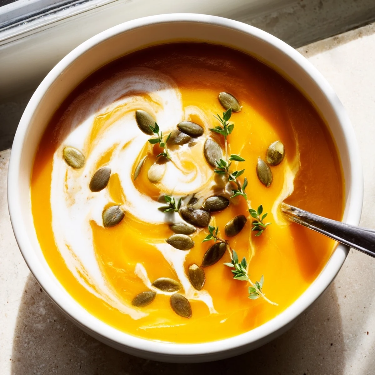 Creamy butternut squash soup swirled with coconut milk and garnished with herbs