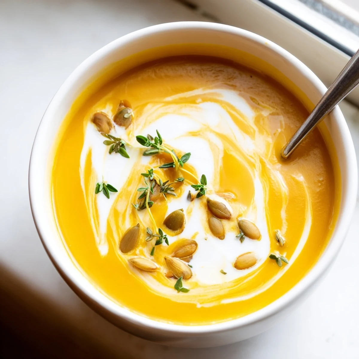 Golden bowl of roasted butternut squash soup topped with toasted pumpkin seeds and fresh thyme