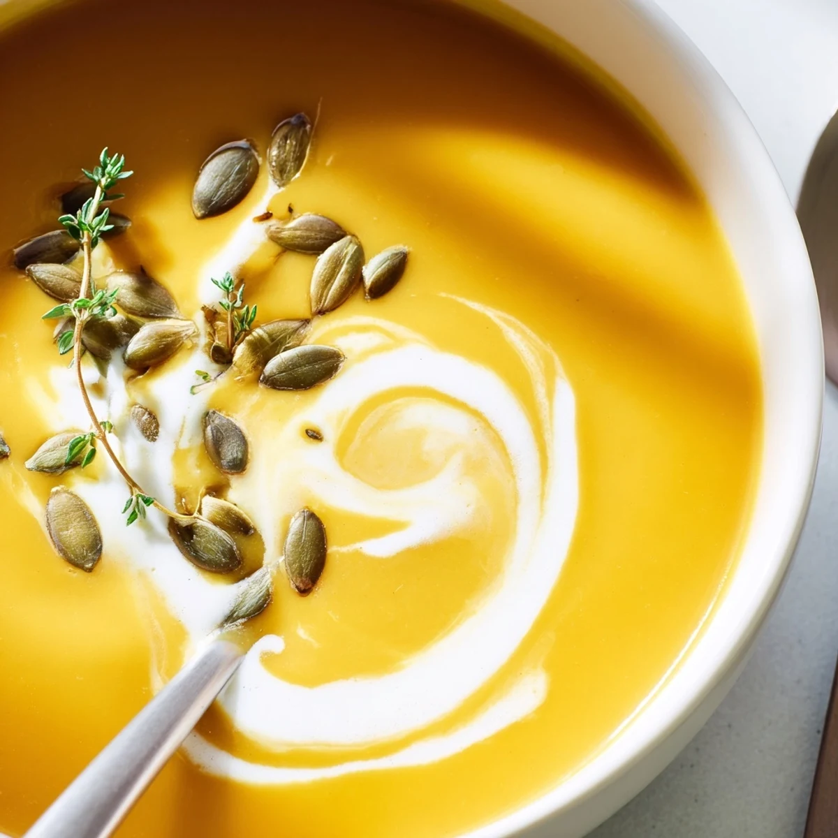 Velvety roasted butternut squash soup served in white bowl with crusty bread on side