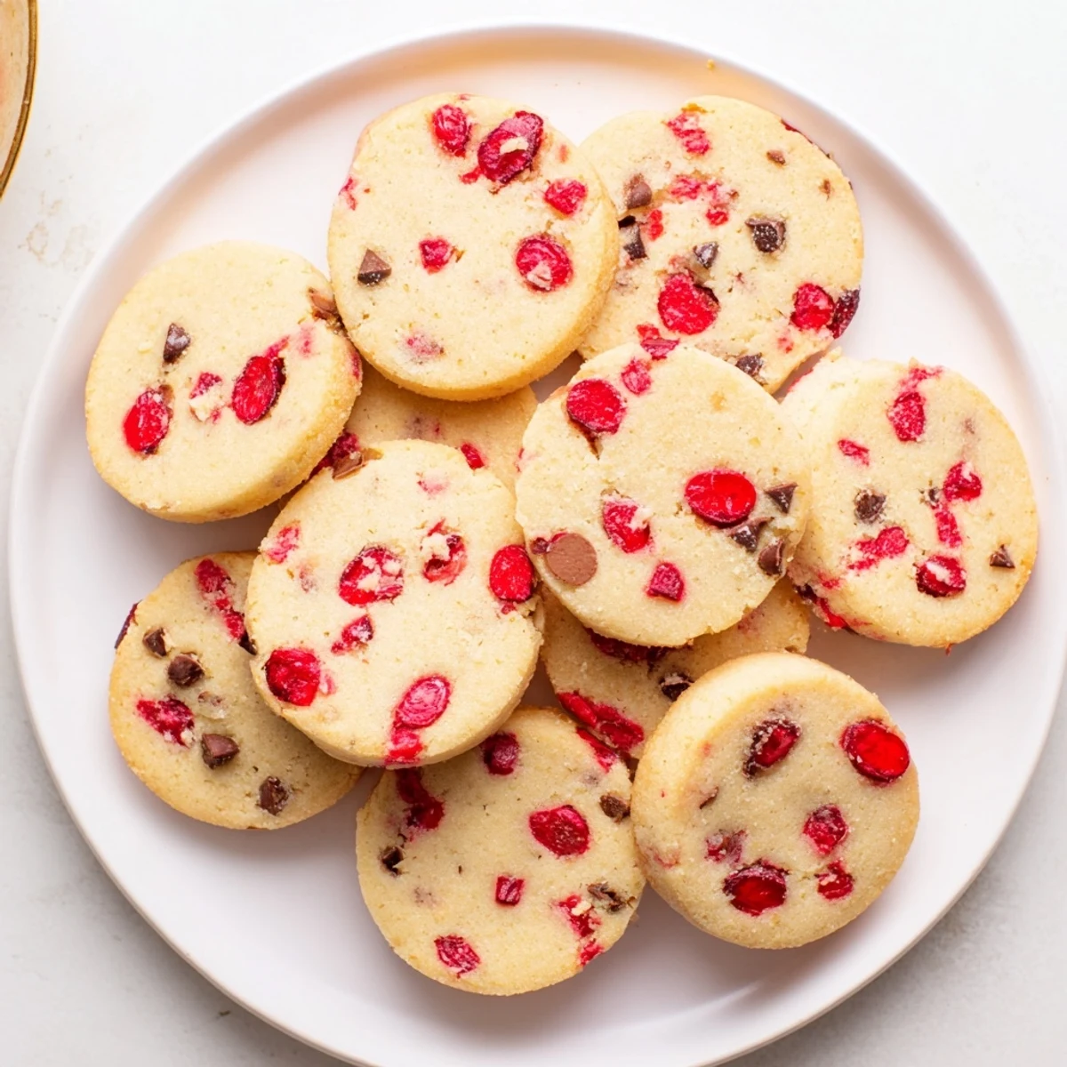 Golden Christmas Maraschino Cherry Shortbread cookies dotted with bright red cherries on a white plate
