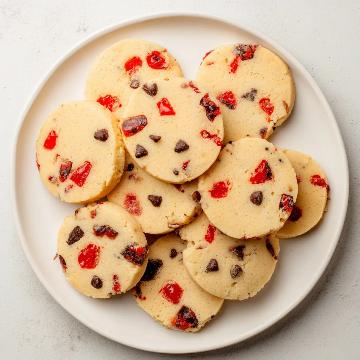 Buttery shortbread triangles flecked with chopped maraschino cherries and chocolate chips ready for holiday parties