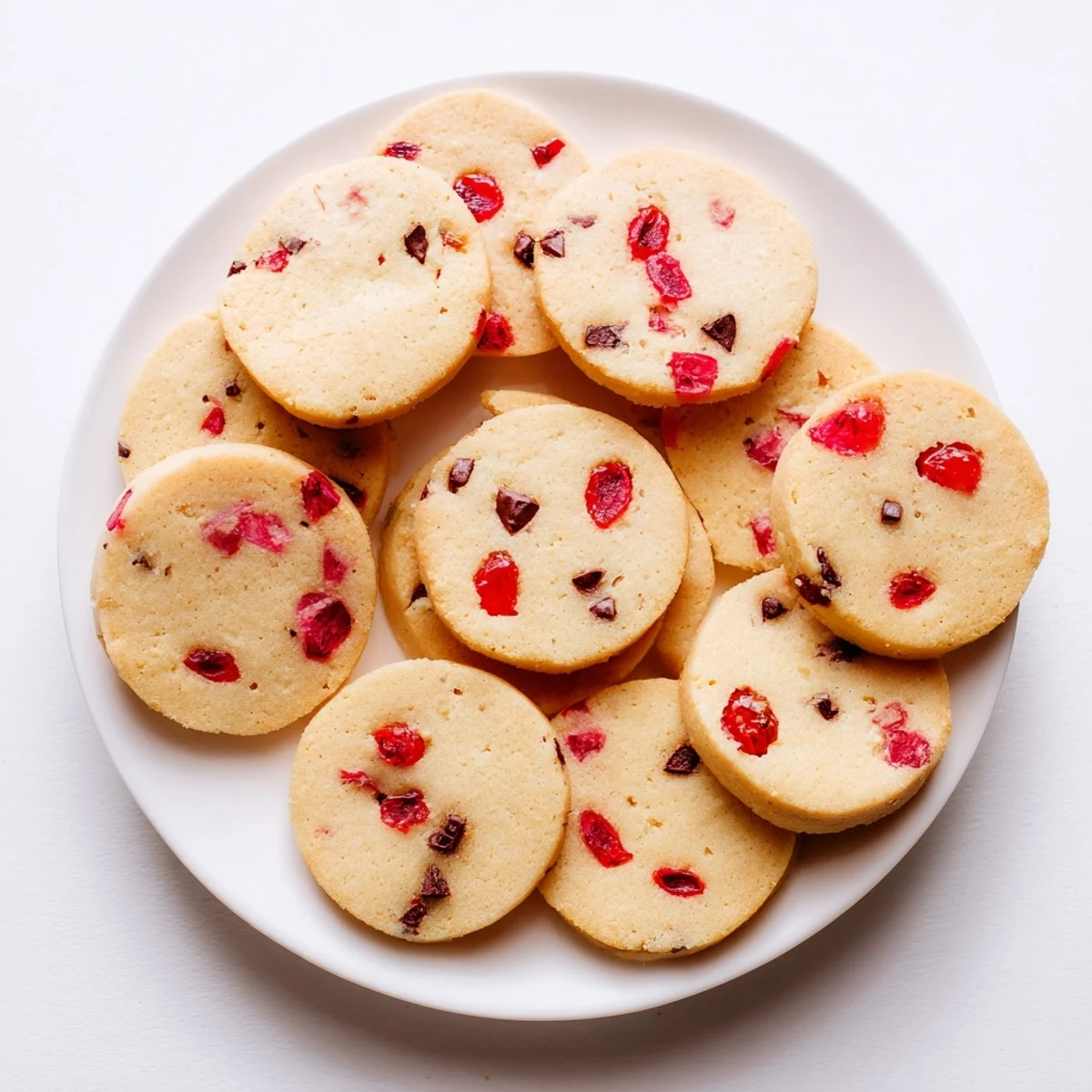 Stack of festive Christmas Maraschino Cherry Shortbread cookies with cherry pieces visible throughout the golden crumb