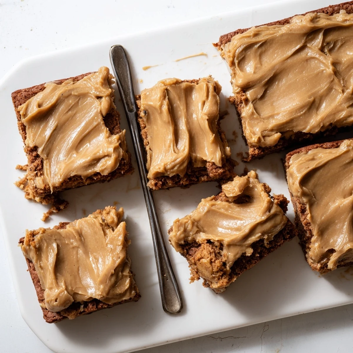 Freshly baked banana bread brownies with brown butter frosting arranged on a white plate, capturing the moist dense texture and rich caramel-colored buttercream topping