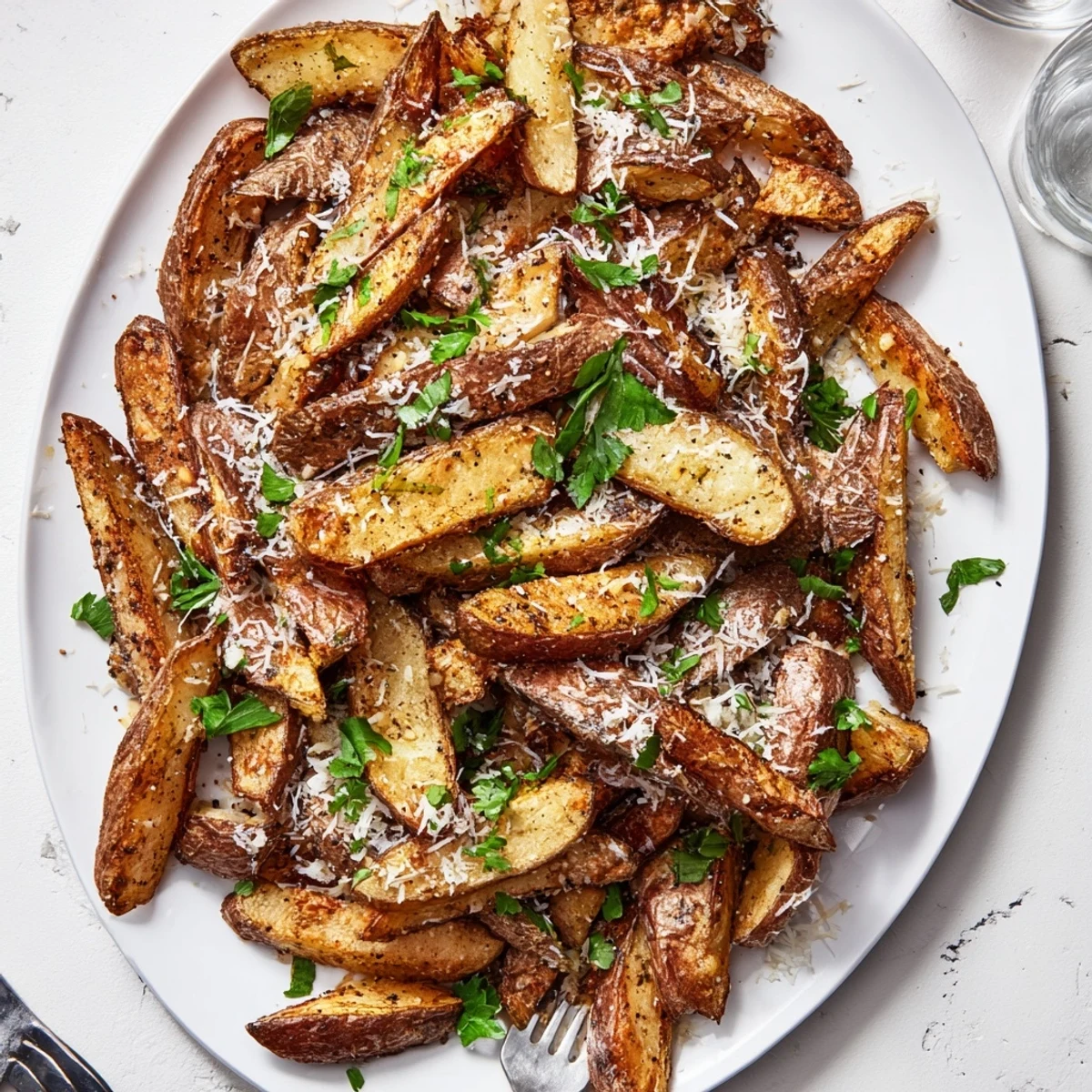 Golden homemade truffle fries topped with fresh grated Parmesan and chopped parsley