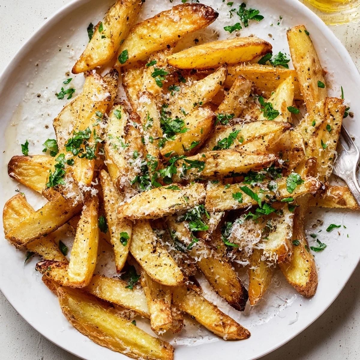 Plate of golden truffle fries scattered with parsley flakes and black pepper