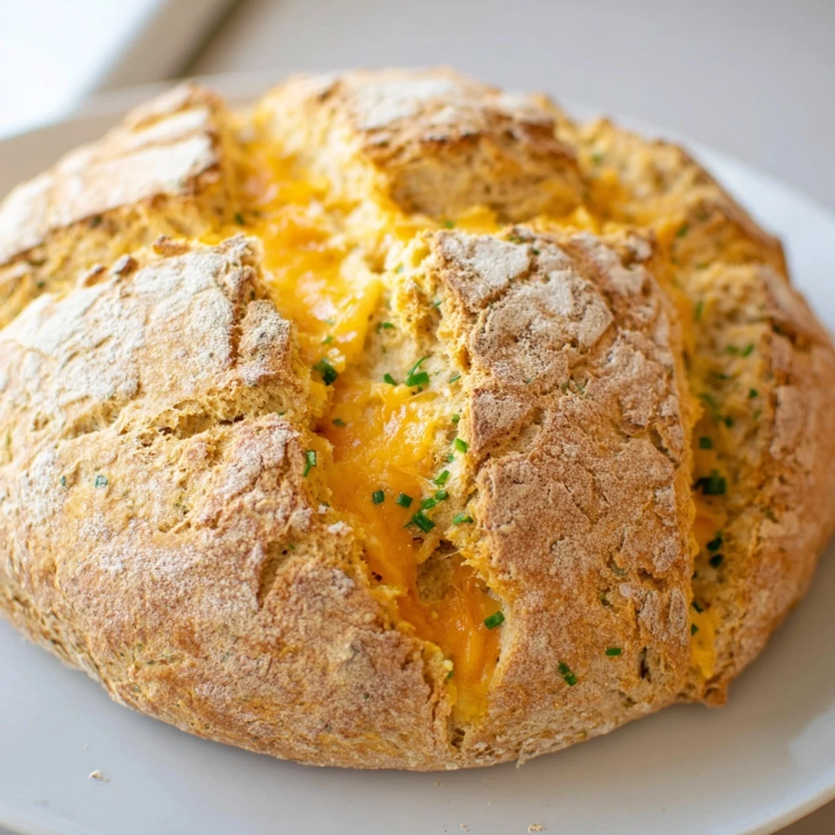 Golden brown cheddar and herb soda bread loaf with visible melted cheese pieces and fresh green herbs scattered throughout the rustic crusty surface
