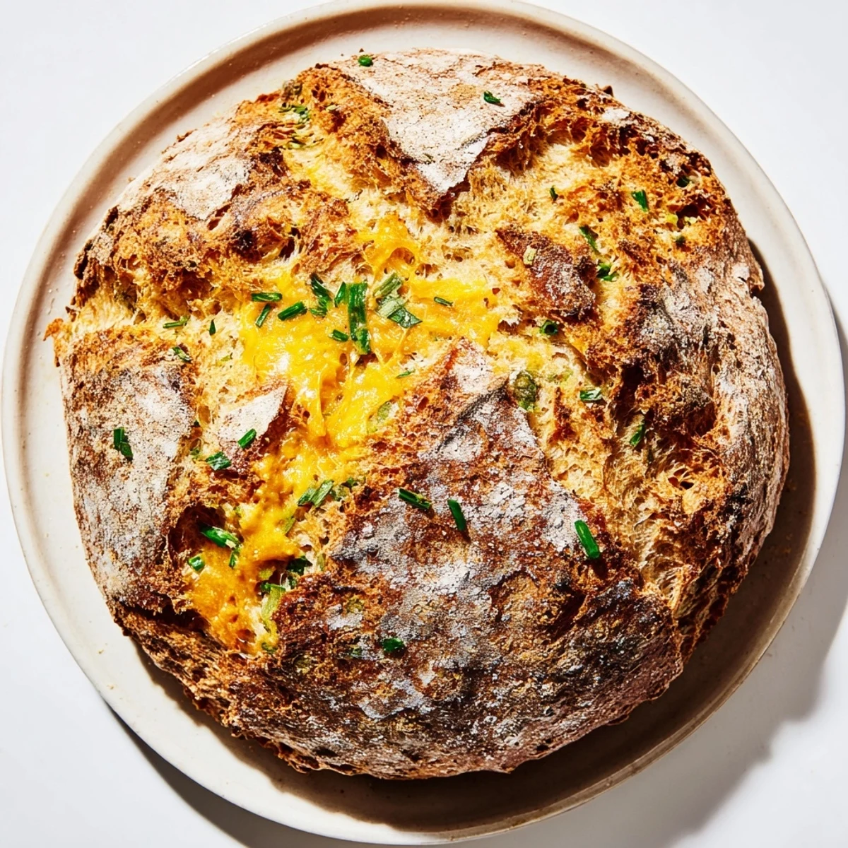 Savory cheddar and herb soda bread freshly sliced revealing soft interior with pockets of sharp cheddar and fragrant parsley, chives, and thyme