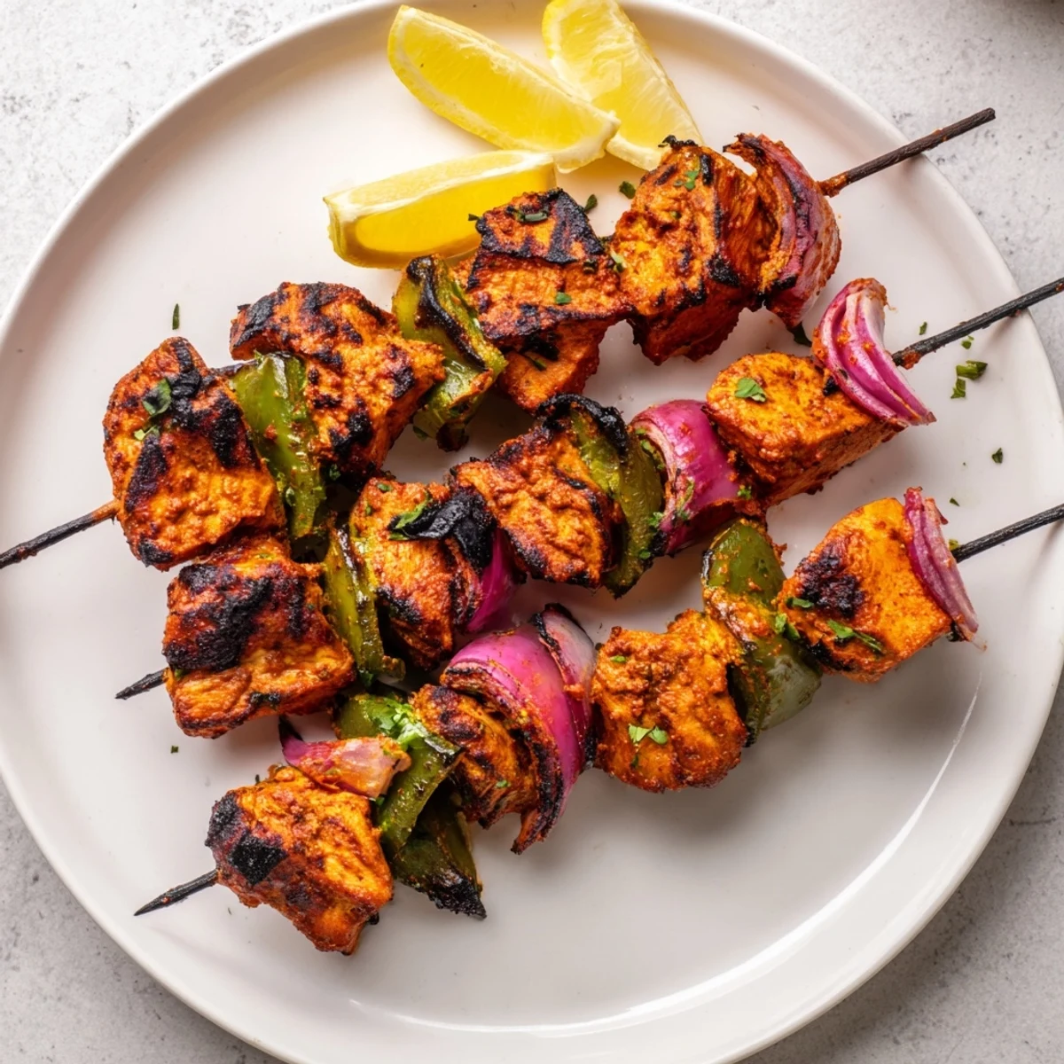 Charred, juicy Tandoori Chicken Tikka Skewers with lemon wedges and cilantro