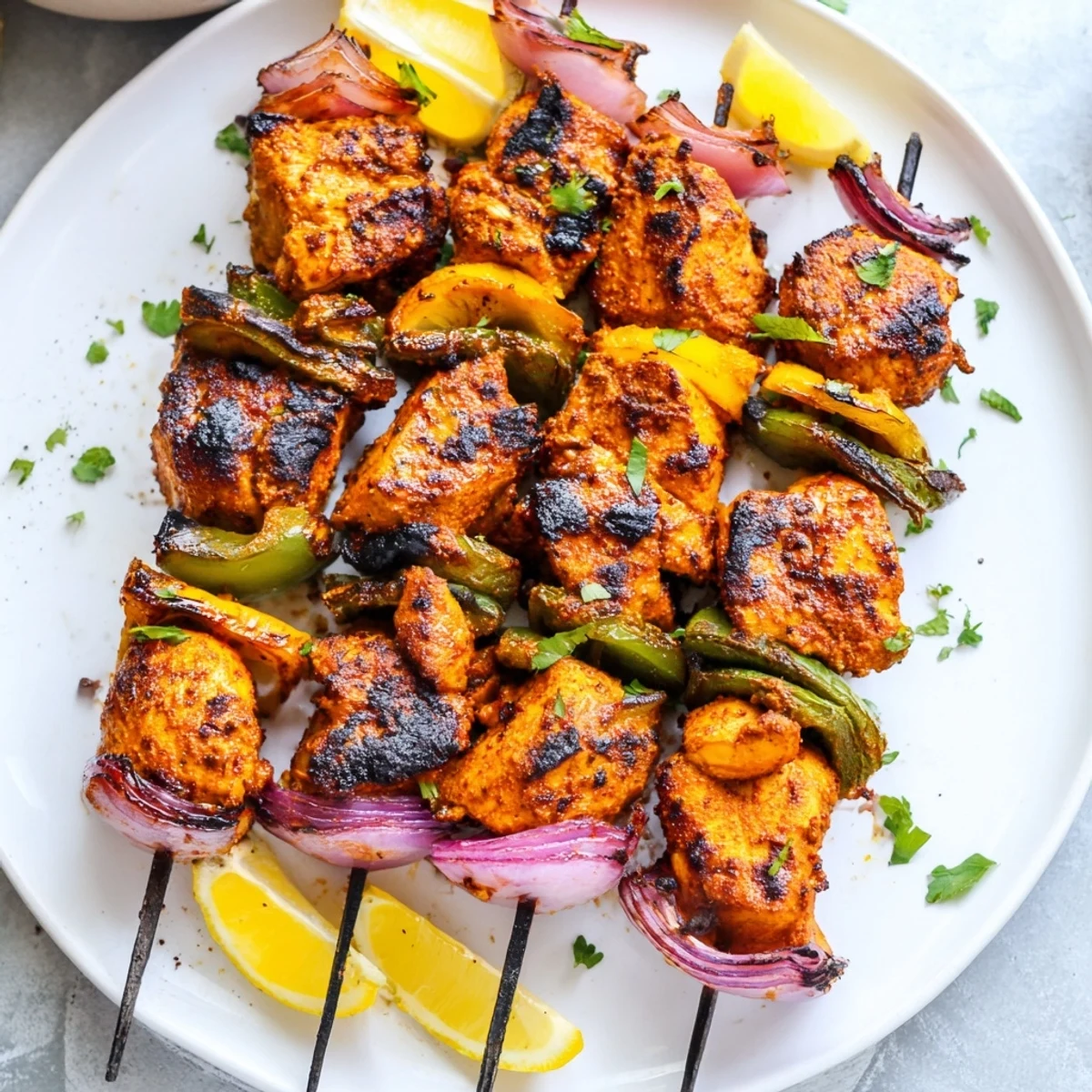 Stacked Tandoori Chicken Tikka Skewers beside warm naan and mint chutney