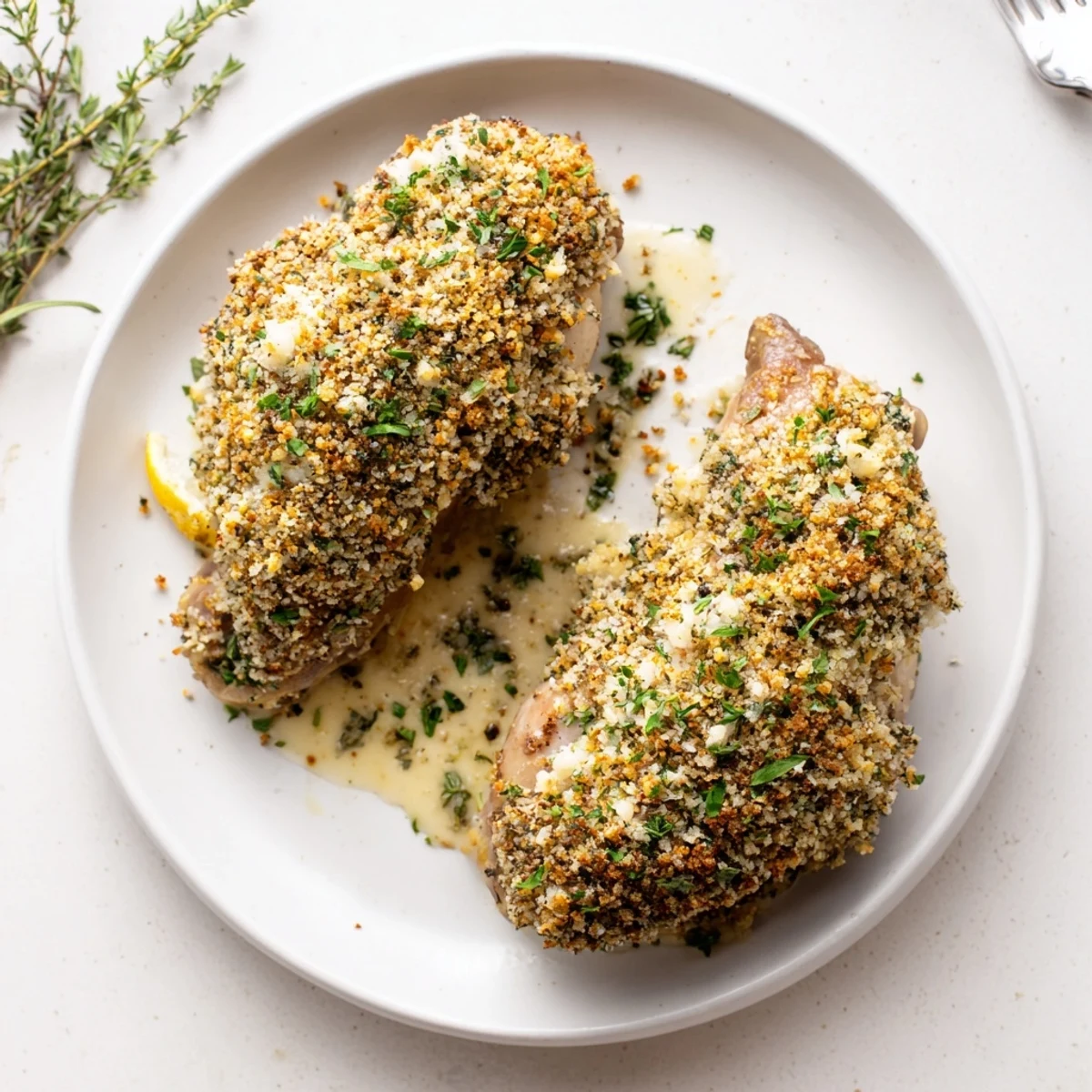 Sliced, juicy pieces of Golden Herb Crusted Chicken Thighs In Creamy Garlic Sauce, steaming