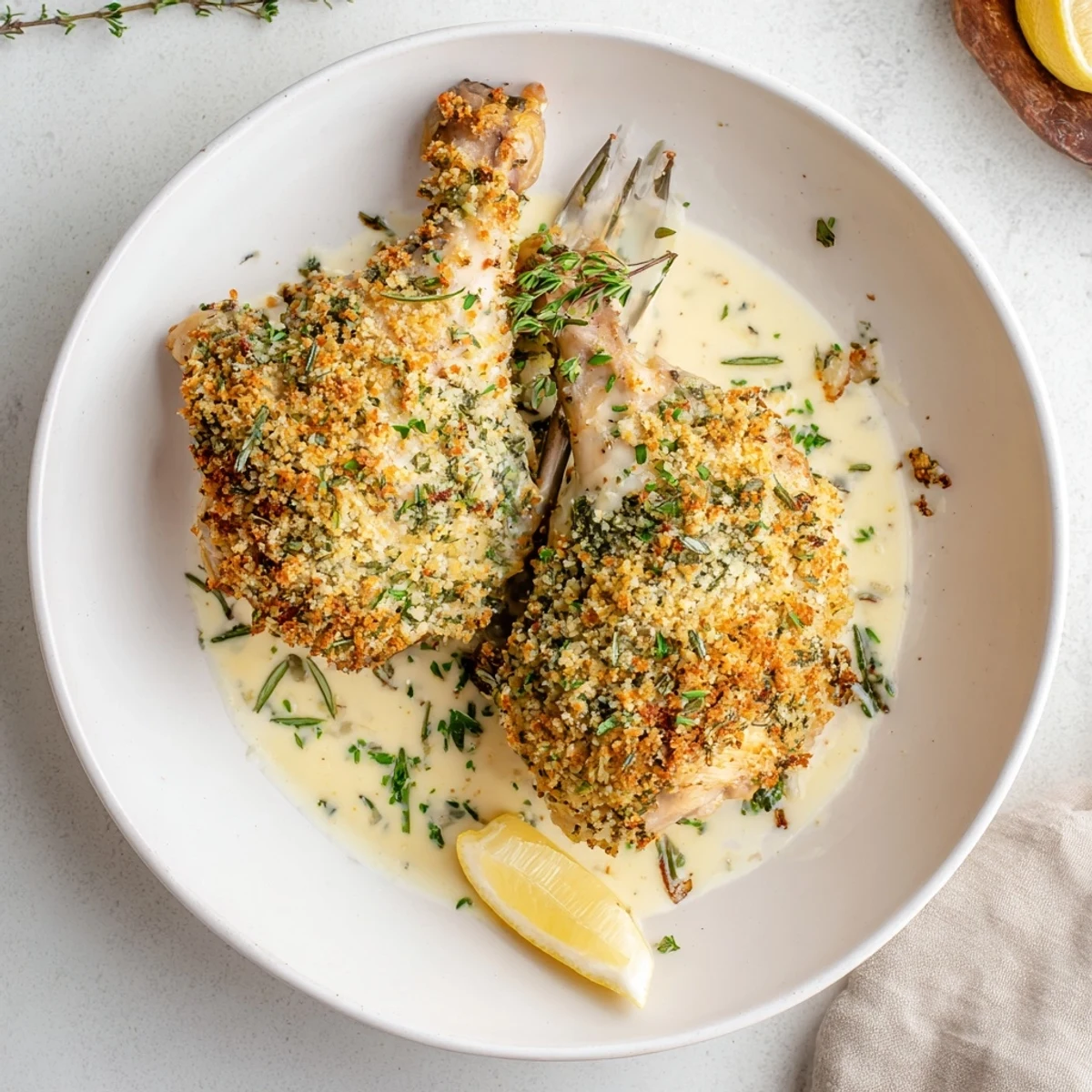Golden Herb Crusted Chicken Thighs In Creamy Garlic Sauce with aromatic, crispy herb crust