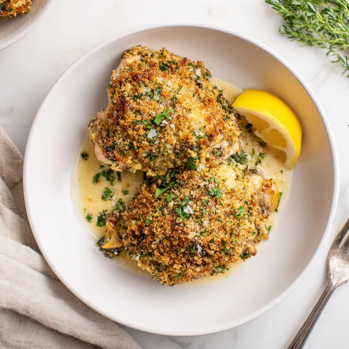 Plate of steaming Golden Herb Crusted Chicken Thighs In Creamy Garlic Sauce, served warm