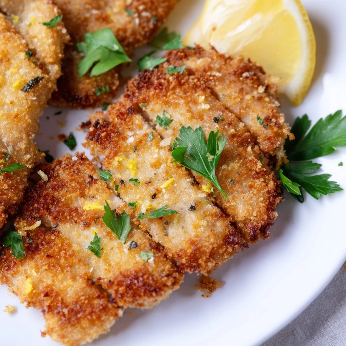 Golden Crunch Lemon Chicken with crispy panko coating garnished with fresh parsley and lemon wedges