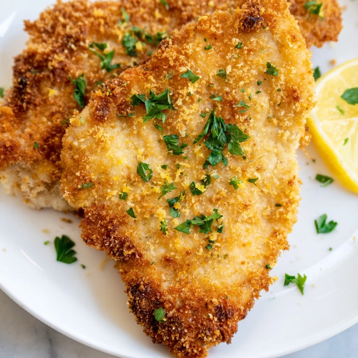 Pan-fried lemon chicken breasts featuring a golden crunchy crust and vibrant citrus zest on a white plate