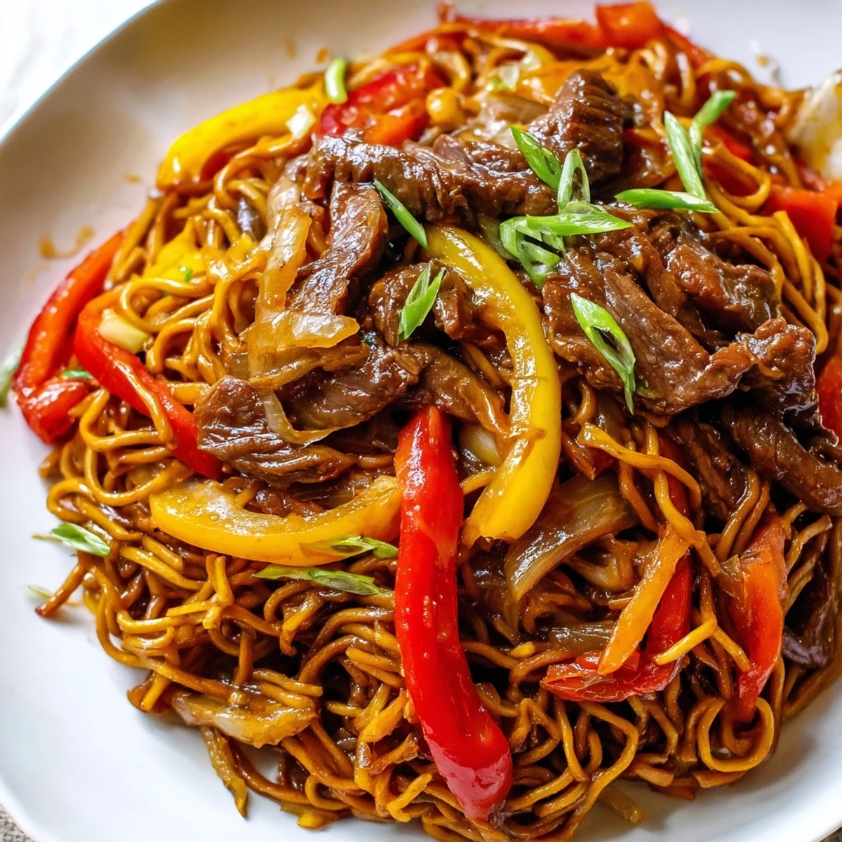 Steaming beef chow mein bowl featuring colorful bell peppers and caramelized onion strips