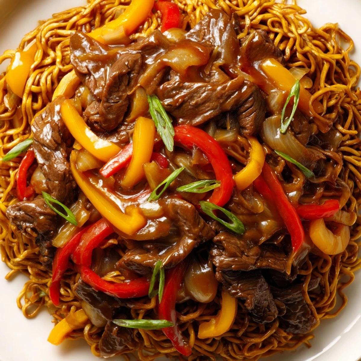 Close-up of beef chow mein noodles stir-fried with crisp vegetables and tender beef slices