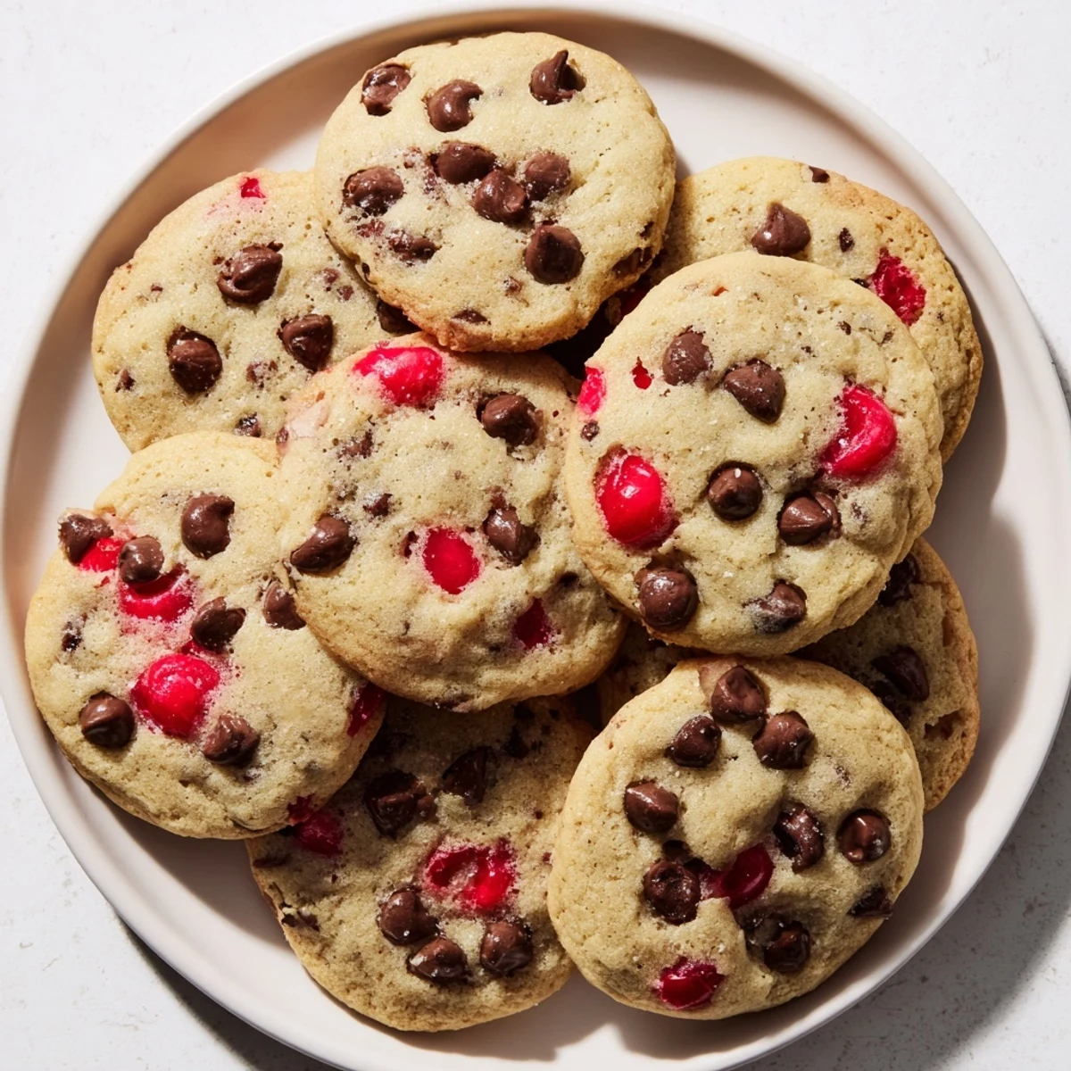 Golden maraschino cherry chocolate chip cookies fresh from the oven with melted chocolate chips