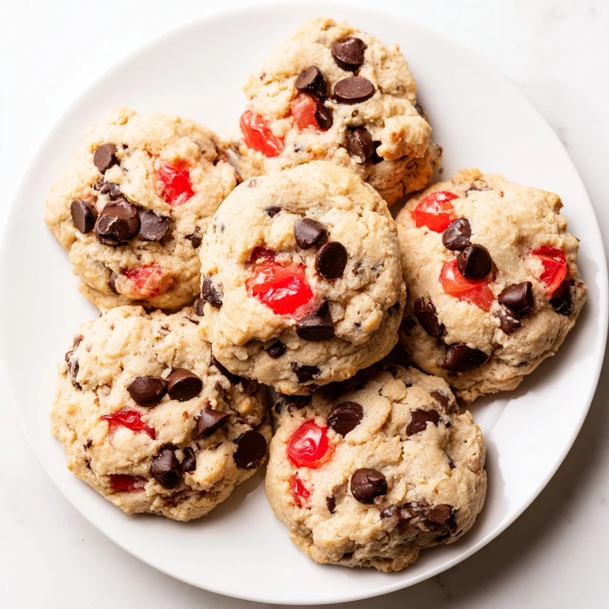 Soft-baked maraschino cherry chocolate chip cookies featuring bright red cherry chunks and gooey chocolate