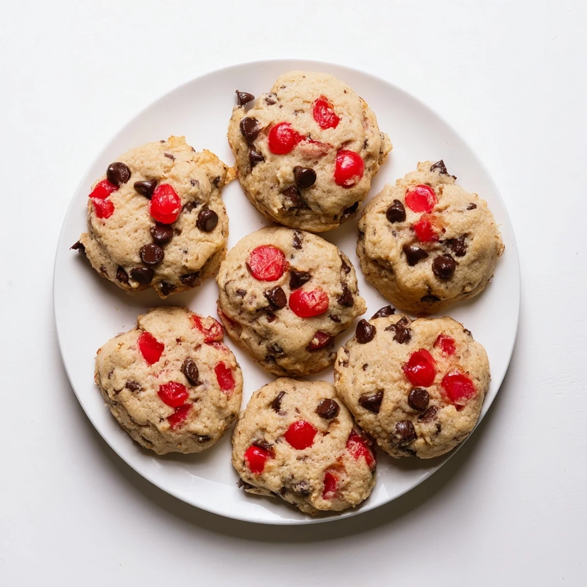 Chewy homemade maraschino cherry chocolate chip cookies stacked on a white serving plate
