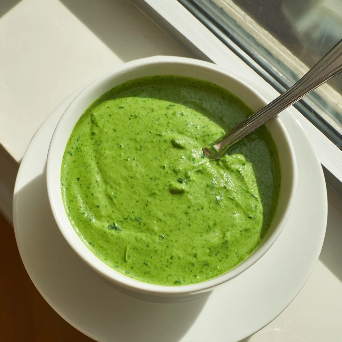 Creamy Peruvian green sauce aji verde served in a rustic bowl with fresh cilantro garnish
