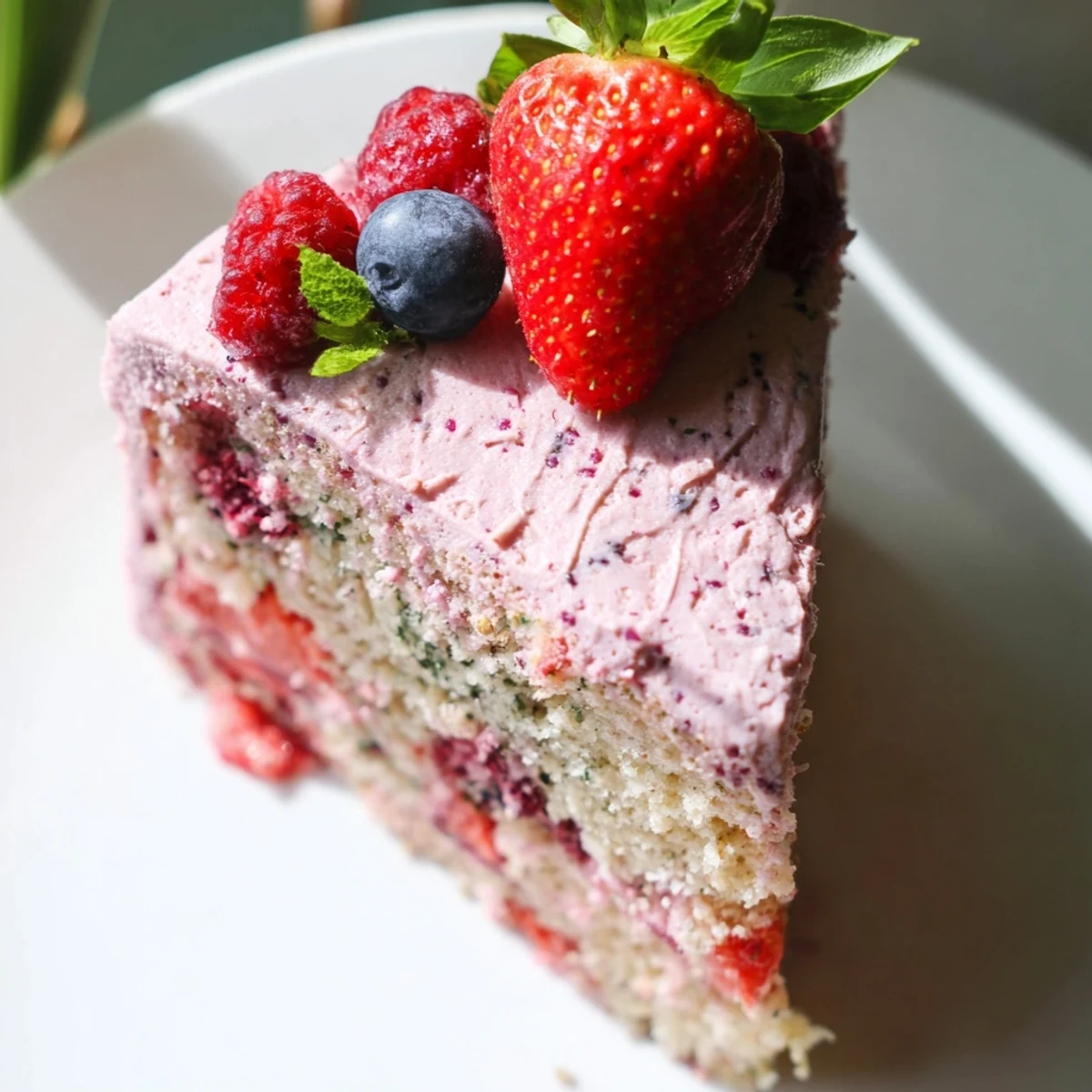 Frosted basil berry cake decorated with fresh strawberries, raspberries, and small green basil leaves on top