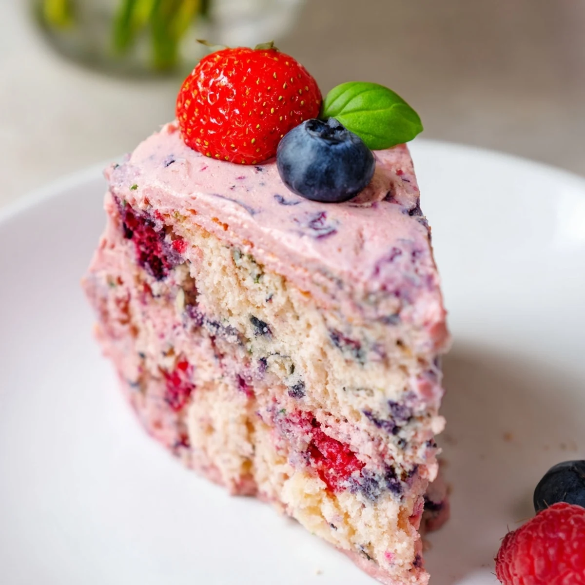 Homemade basil berry cake topped with colorful fresh berries and delicate basil garnish on a white plate