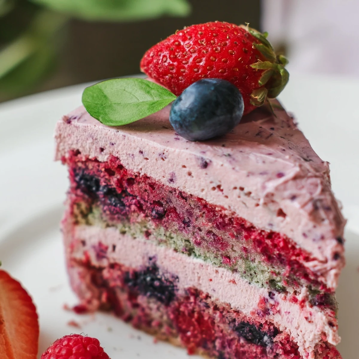 Vibrant summer slice showcasing mixed berries swirled into fluffy basil-infused cake layers with creamy frosting