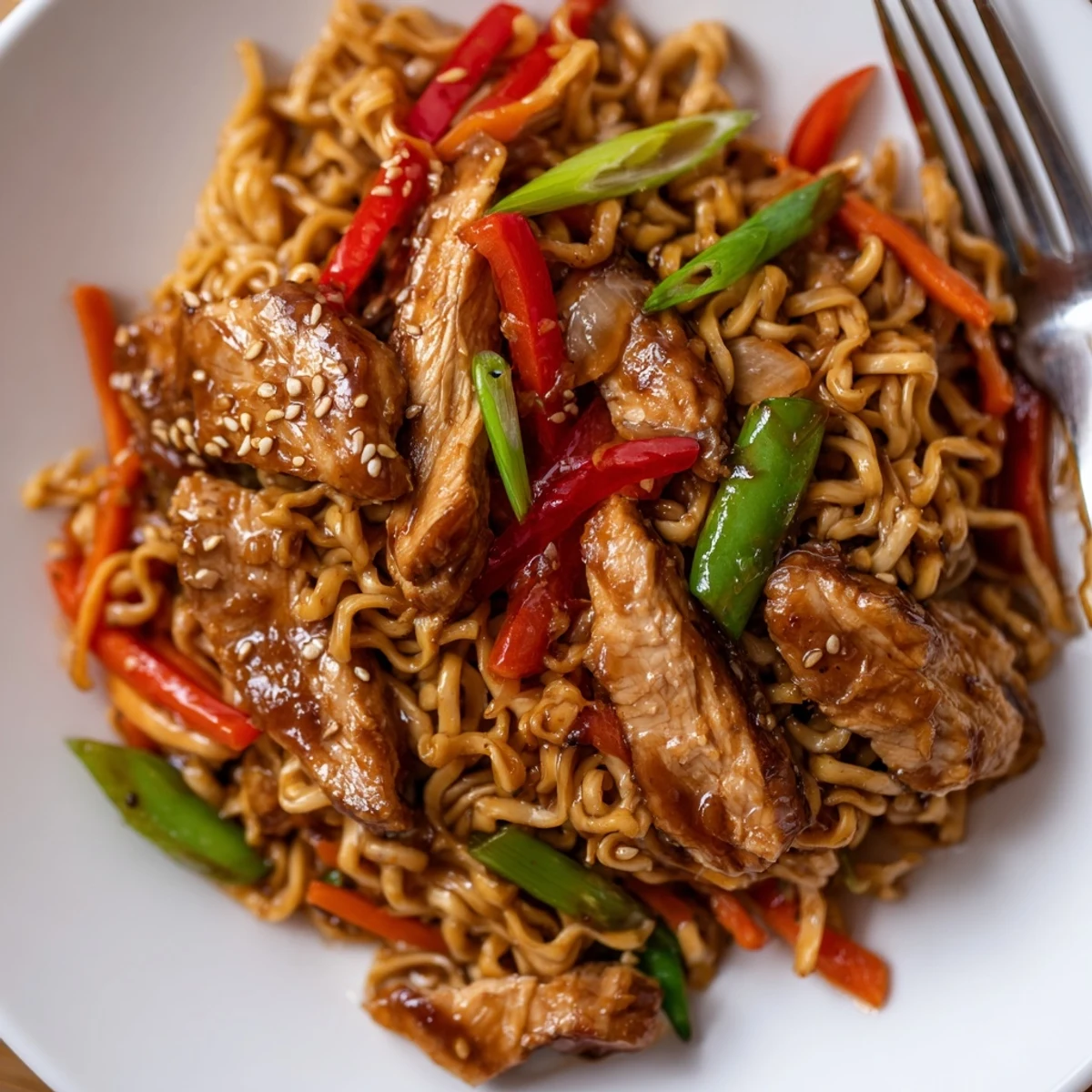 Chicken Ramen Stir Fry with glossy sesame sauce, crisp vegetables, steaming bowl