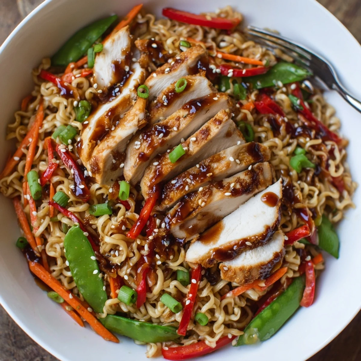 Pan-tossed Chicken Ramen Stir Fry piled high with scallions, snap peas
