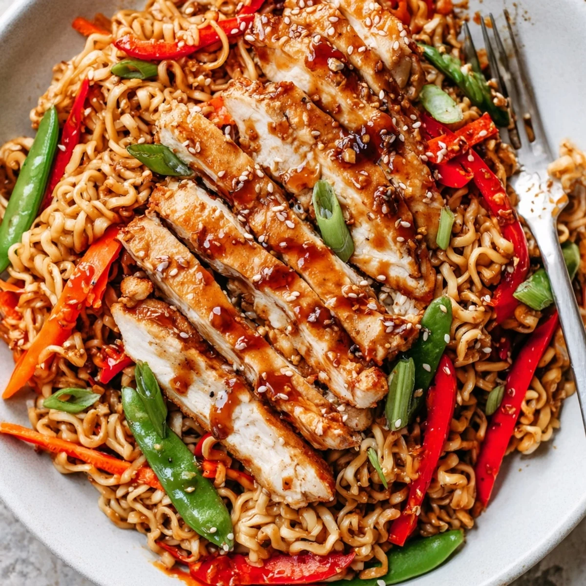 Weeknight Chicken Ramen Stir Fry served hot with honeyed soy aroma