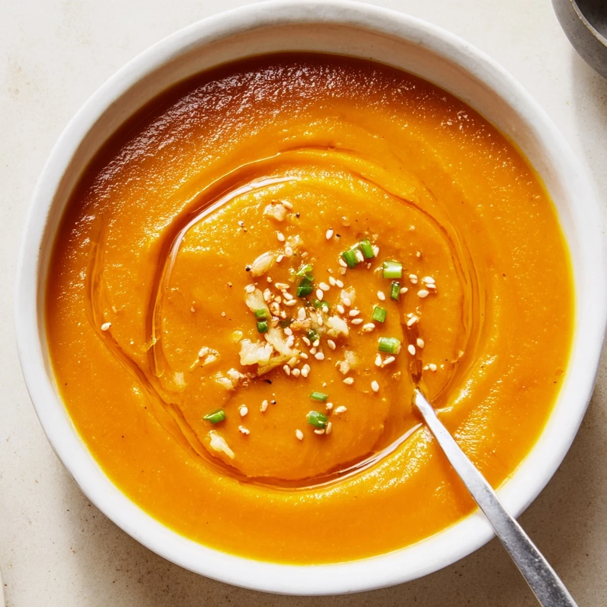 Carrot Ginger Miso Soup Recipe in a bowl, silky orange, warm steam