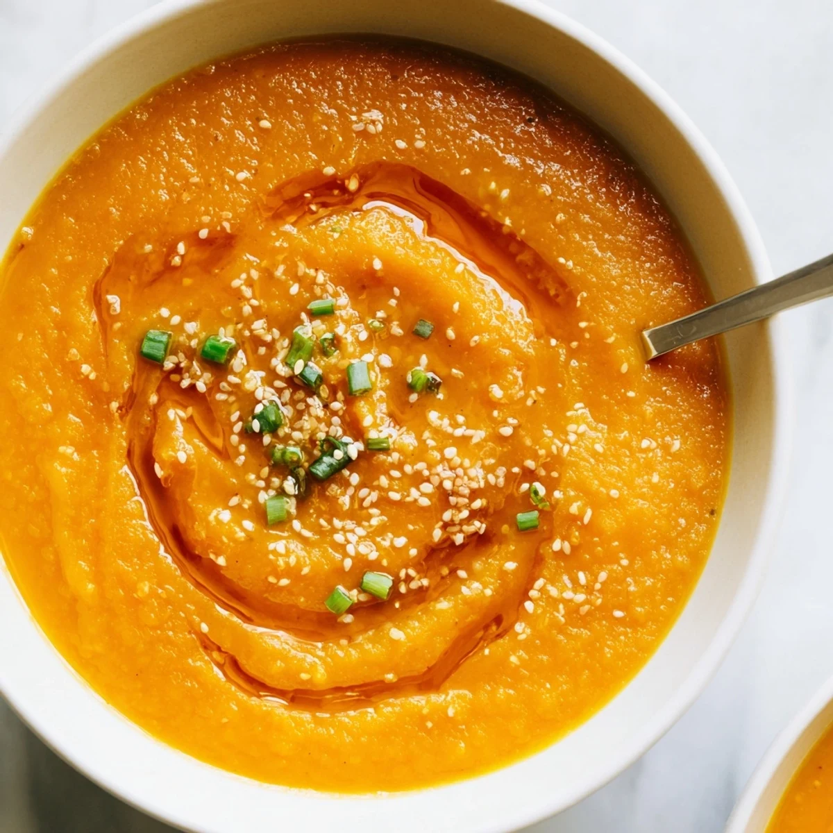 Steaming Carrot Ginger Miso Soup Recipe garnished with scallions and toasted sesame