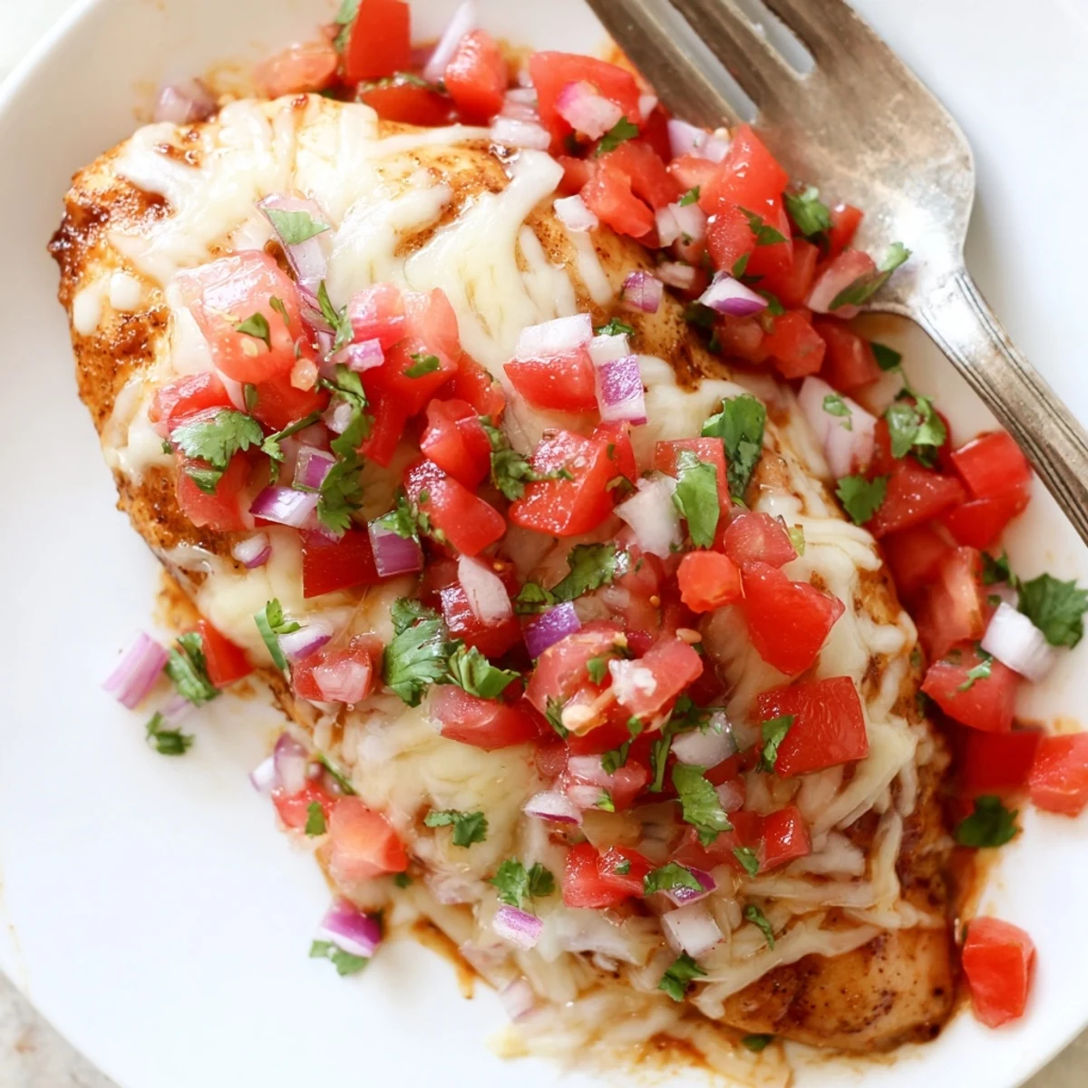 Salsa Fresca Chicken Bake bubbling with melted cheese, bright tomato and cilantro salsa
