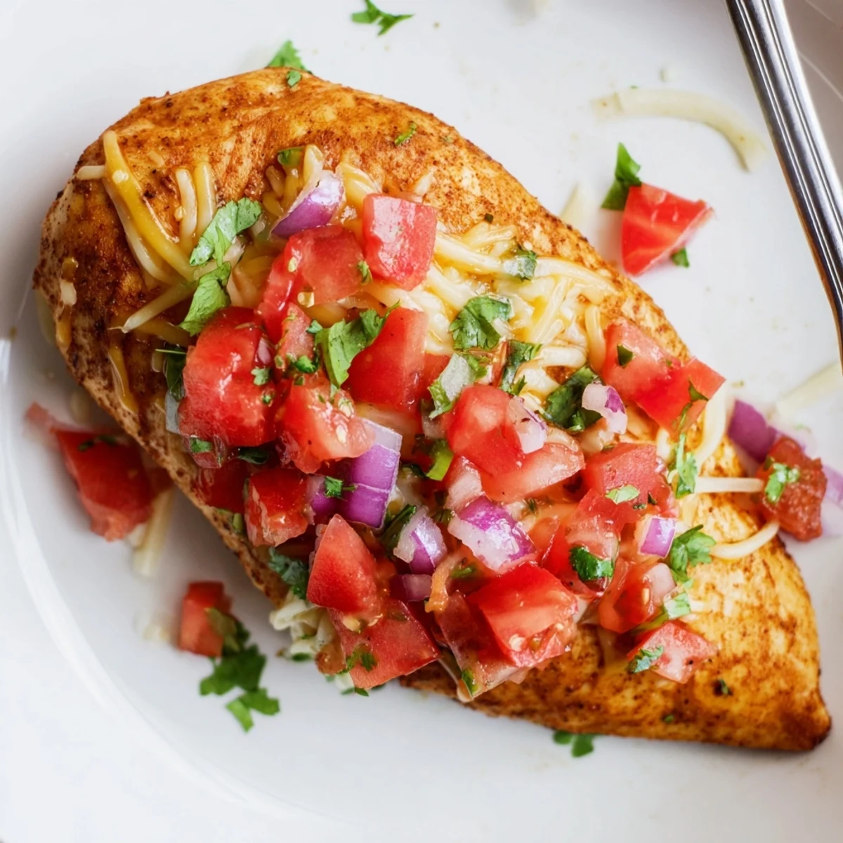 Slice of Salsa Fresca Chicken Bake resting on plate, juicy, zesty lime finish