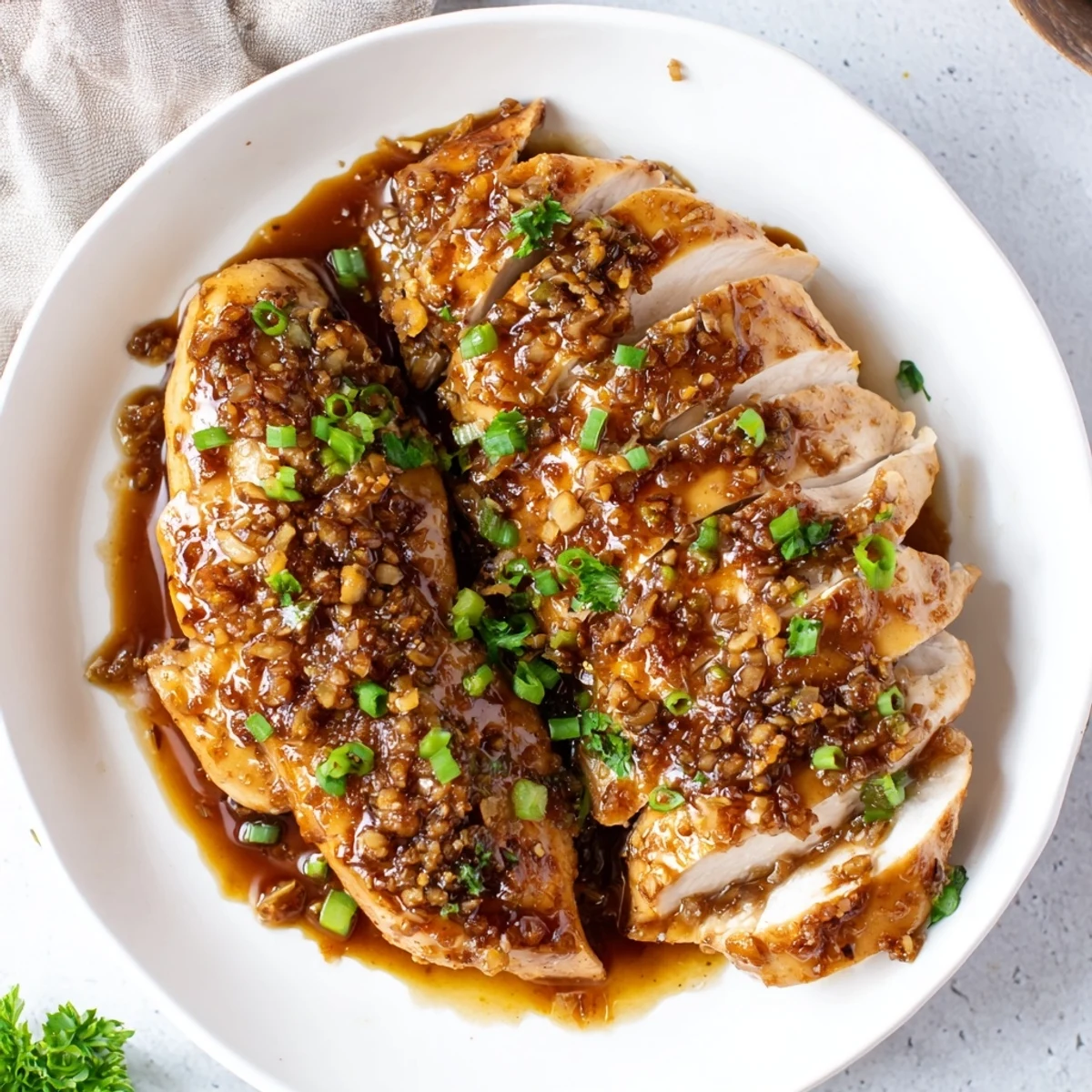 Slow Cooker Brown Sugar Garlic Chicken with sticky brown glaze, steaming and fragrant
