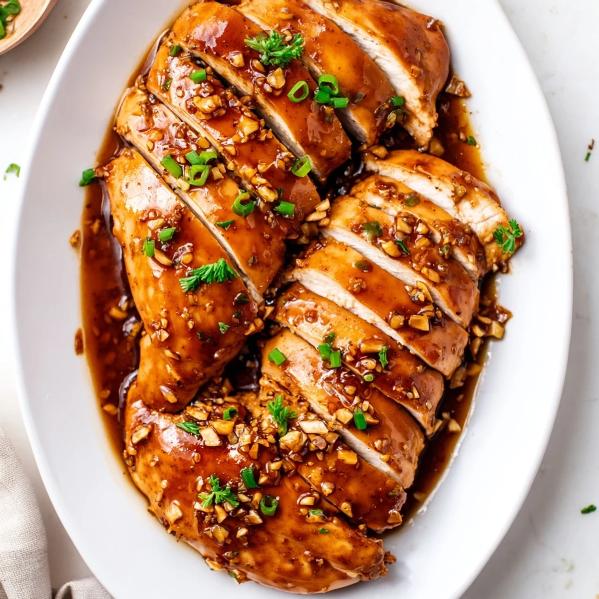 Tender Slow Cooker Brown Sugar Garlic Chicken shredded, garnished with parsley and scallions