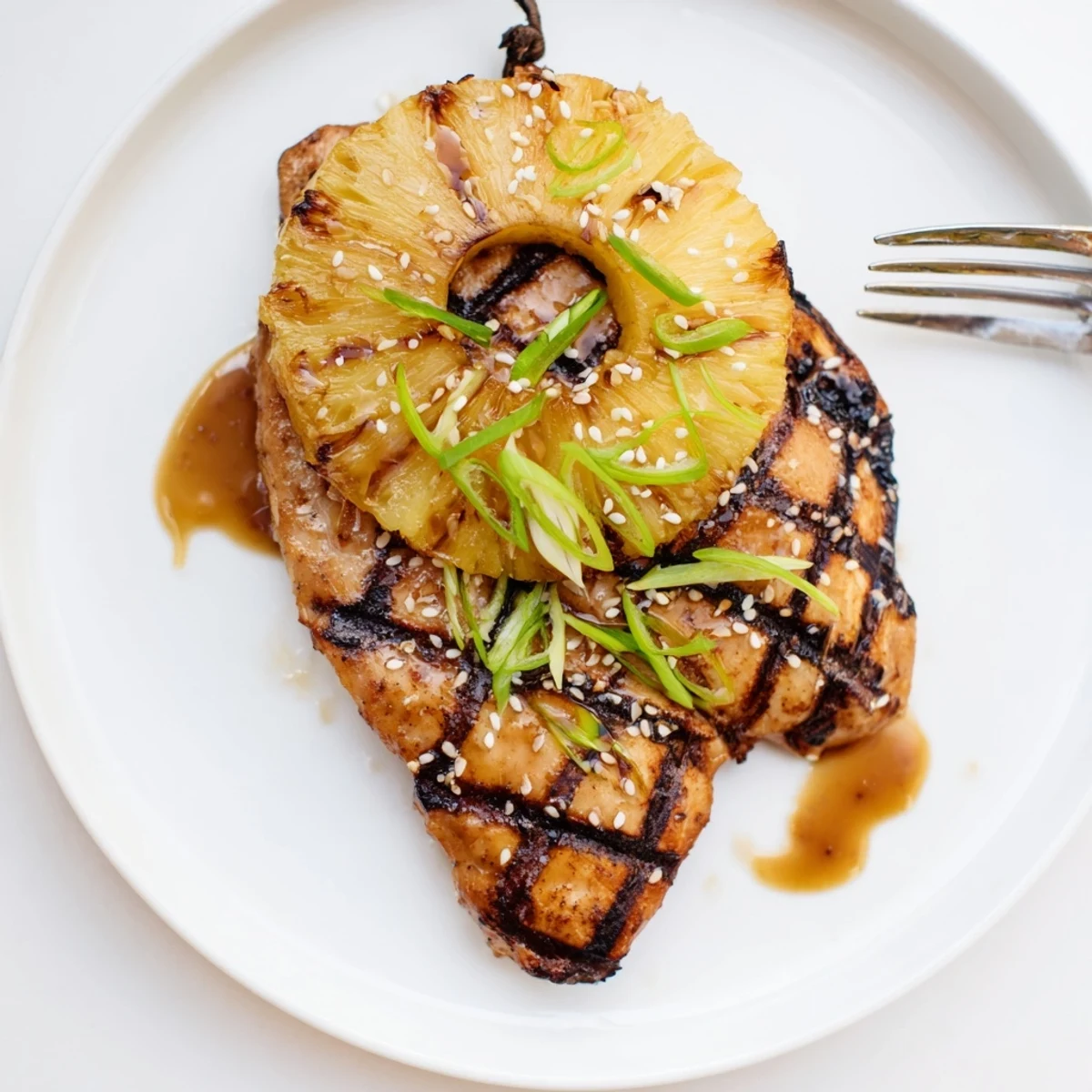 Grilled Aloha Chicken with charred pineapple, glossy soy glaze, green onion garnish.