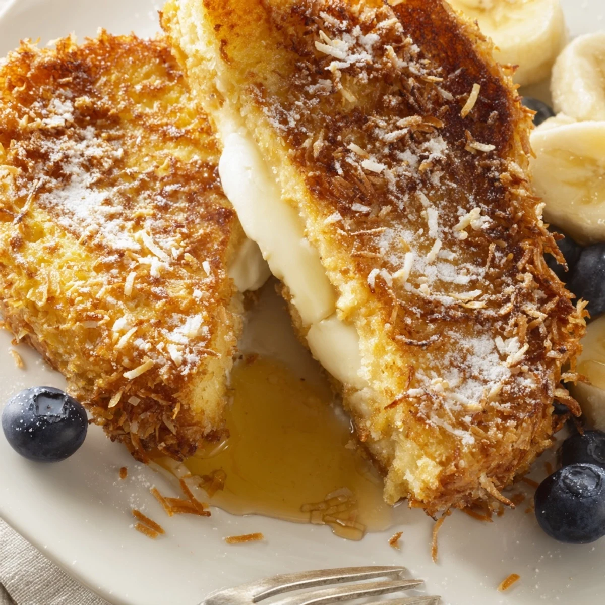 Coconut Crusted French Toast with golden crispy edges and warm maple drizzle