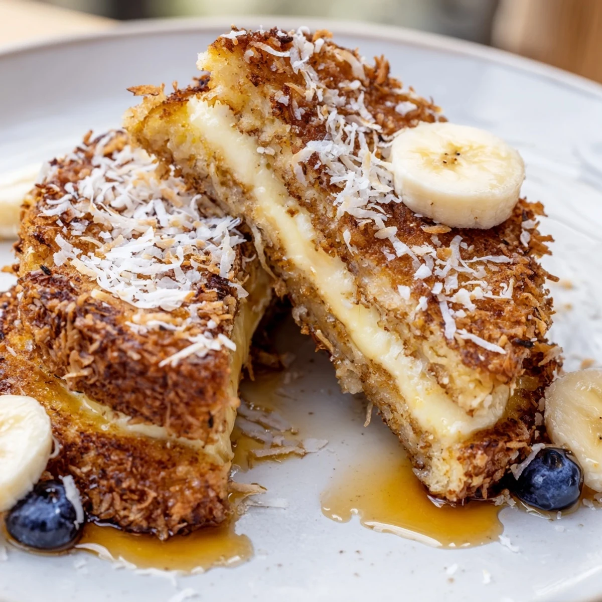Plated Coconut Crusted French Toast topped with fresh berries and powdered sugar